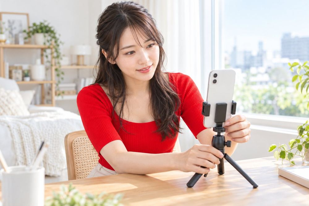 窓際の机でスマホを三脚に立て、ひとりで配信の準備を整えている若い女性
