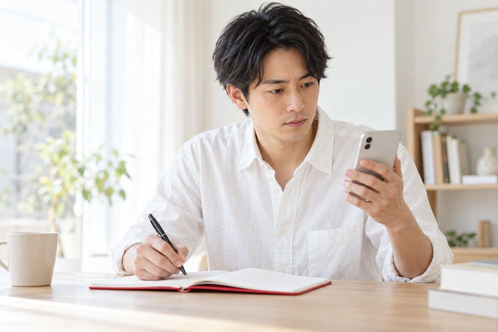 男性が机でスマホを持ち、自分のアカウントの状態を確認しながらメモ帳に書き出している