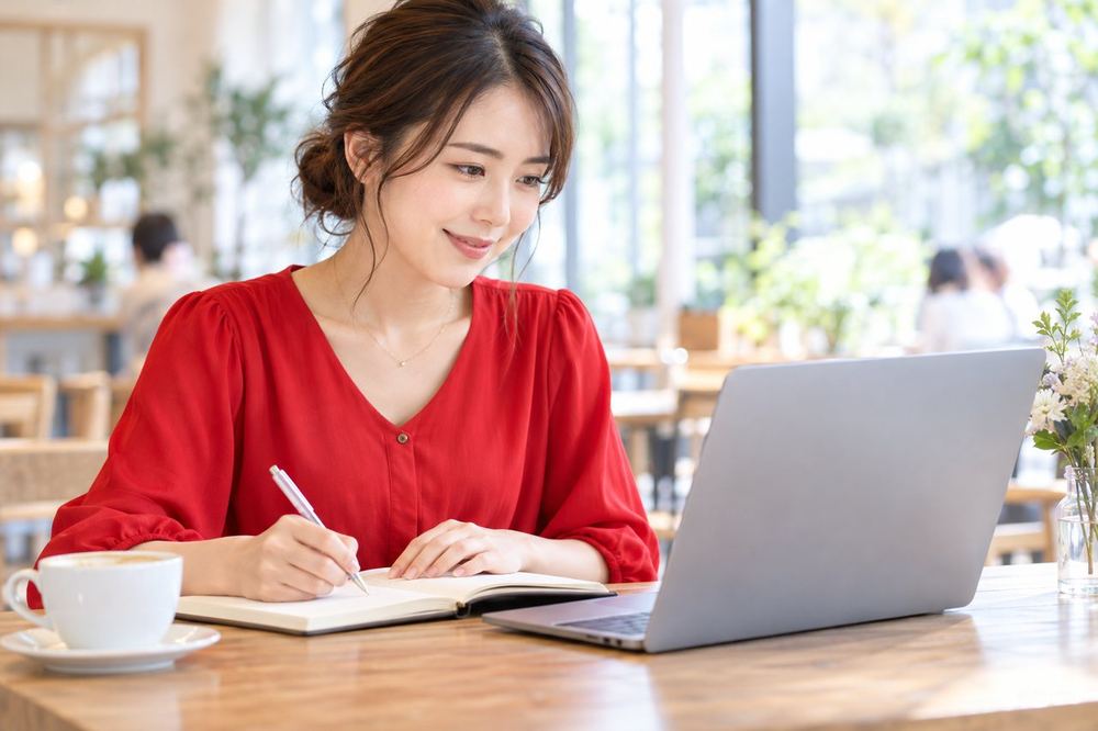 女性がカフェで、ノートパソコンの画面に開いた事務所の案内ページを読みながら、気になる点をメモしている
