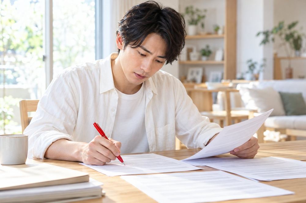 男性が自宅の机で契約書の資料を広げ、ペンで気になる箇所に印をつけながらゆっくり読んでいる
