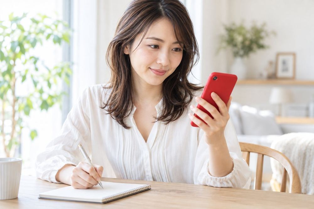 女性がスマホで担当者からのメッセージを読みながら、連絡の方法と相談の仕方をノートに書き留めている