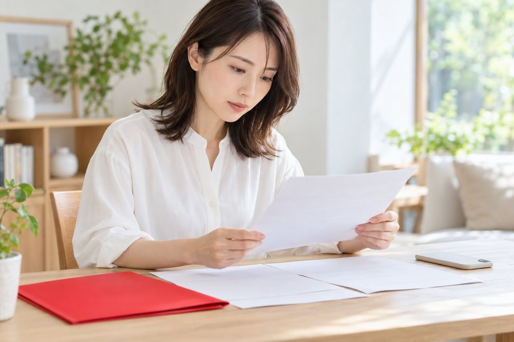 落ち着いた部屋で、女性が机の上に契約書を広げて、スマホを脇に置いたまま一枚ずつ読んでいる