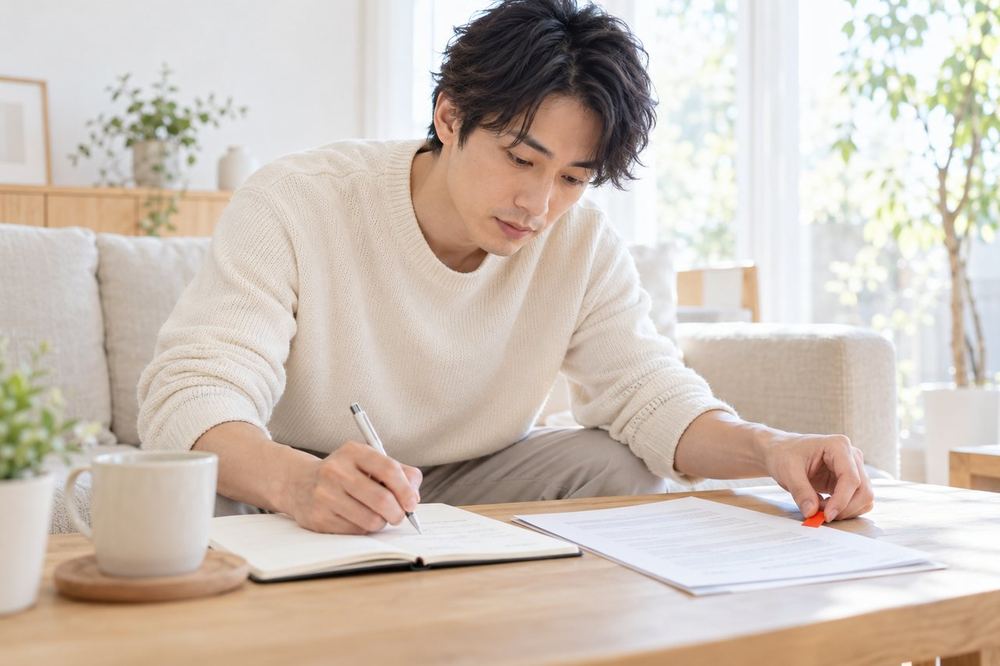 ソファに座った男性が、契約書の解約の項目に付箋を貼りながら、ペンで要点を書き出している