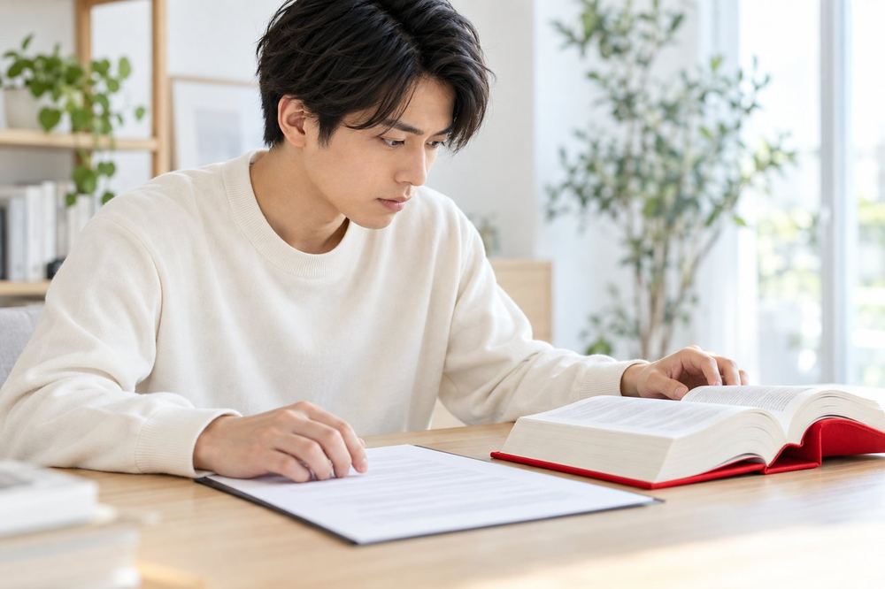 机で若い男性が、六法のようなハンドブックを開きながら、契約書の条文と見比べて確かめている
