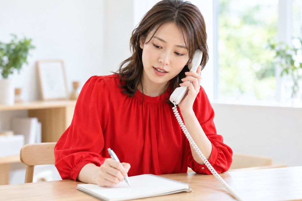 明るい部屋で、女性が受話器を持ちながら、手元のメモを見て、相談の内容を落ち着いて話している