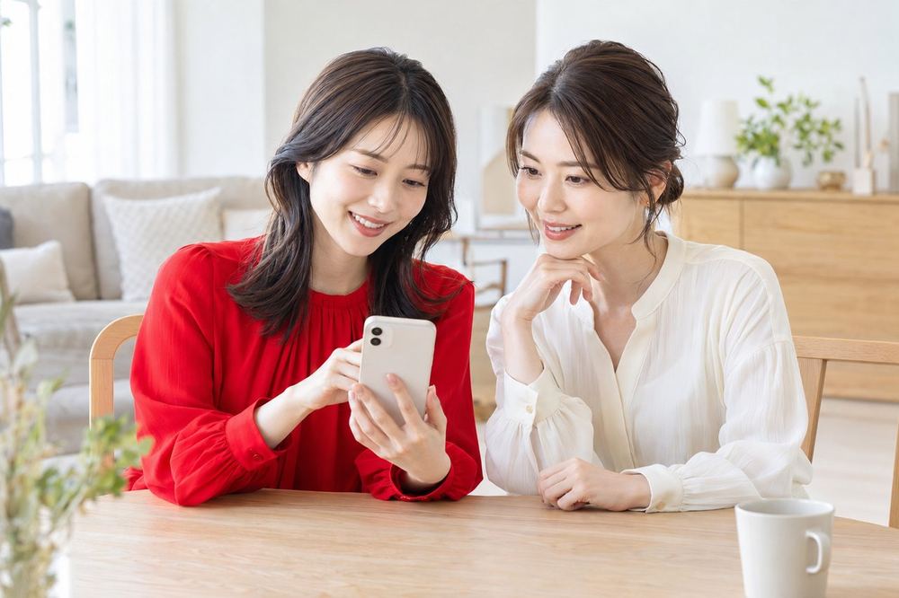 明るい部屋で、女性ふたりがスマホを見ながら、契約の説明について落ち着いて話している