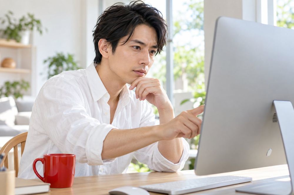 30代の男性がパソコンで事務所のサイトを開き、募集ページの表記を一行ずつ指でたどって確認している
