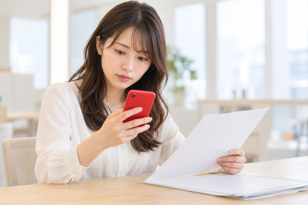 20代の女性がスマホの画面を見ながら、画面の内容と手元の契約書の説明を照らし合わせている