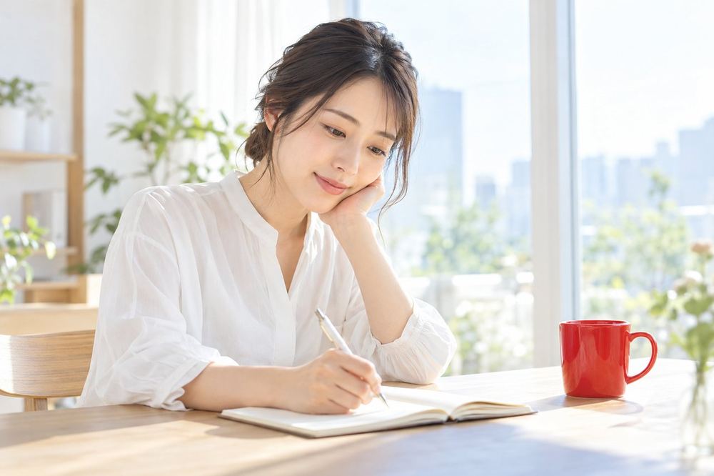 30代の女性が窓際の机でノートに、事務所に入る場合と入らない場合の違いを書いて整理している