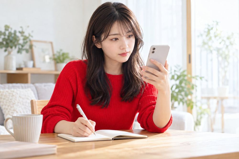 20代の女性が自宅のテーブルで、スマホを見ながらノートに事務所の募集ページで気になった言葉を書き出している
