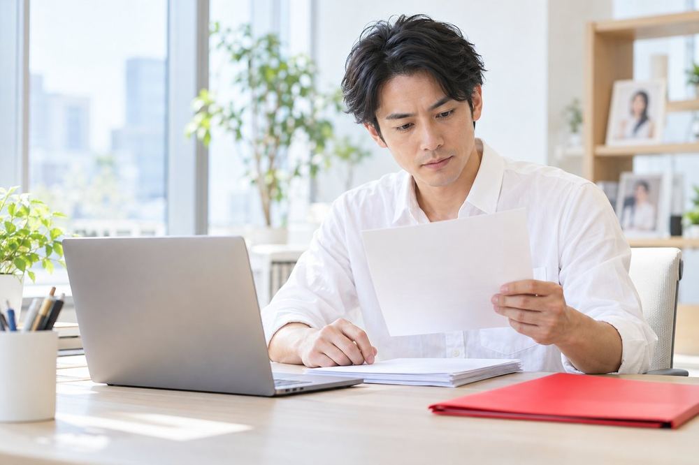 30代の男性が机の上のノートパソコンに向かい、申し込み書類のようなものを一枚ずつ確かめている