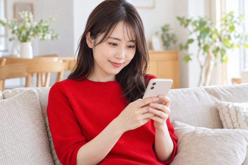 20代の女性が自宅のソファでスマホの画面を見ながら、届いたメッセージの内容を落ち着いて読んでいる