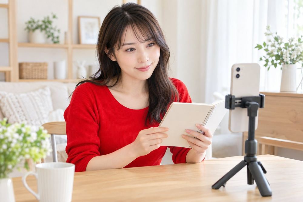 20代の女性が明るい部屋で、スマホを三脚に立てて配信の画面を確かめながら、手元のメモを見ている