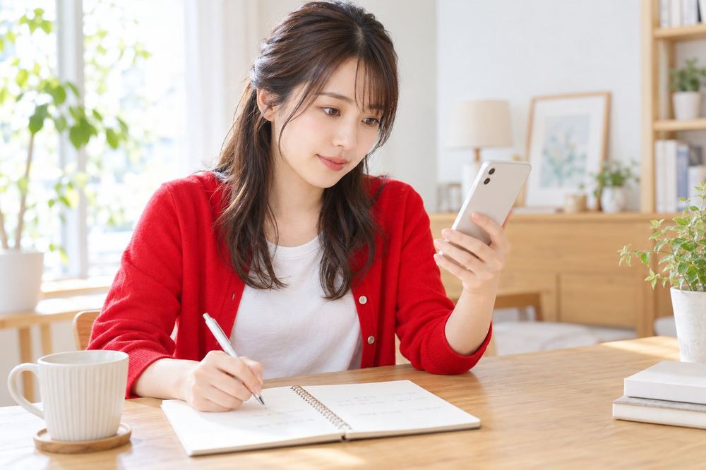 20代の女性が明るい部屋のテーブルで、ノートに3つの質問を書き分けながら、スマホで公式ページを読んでいる