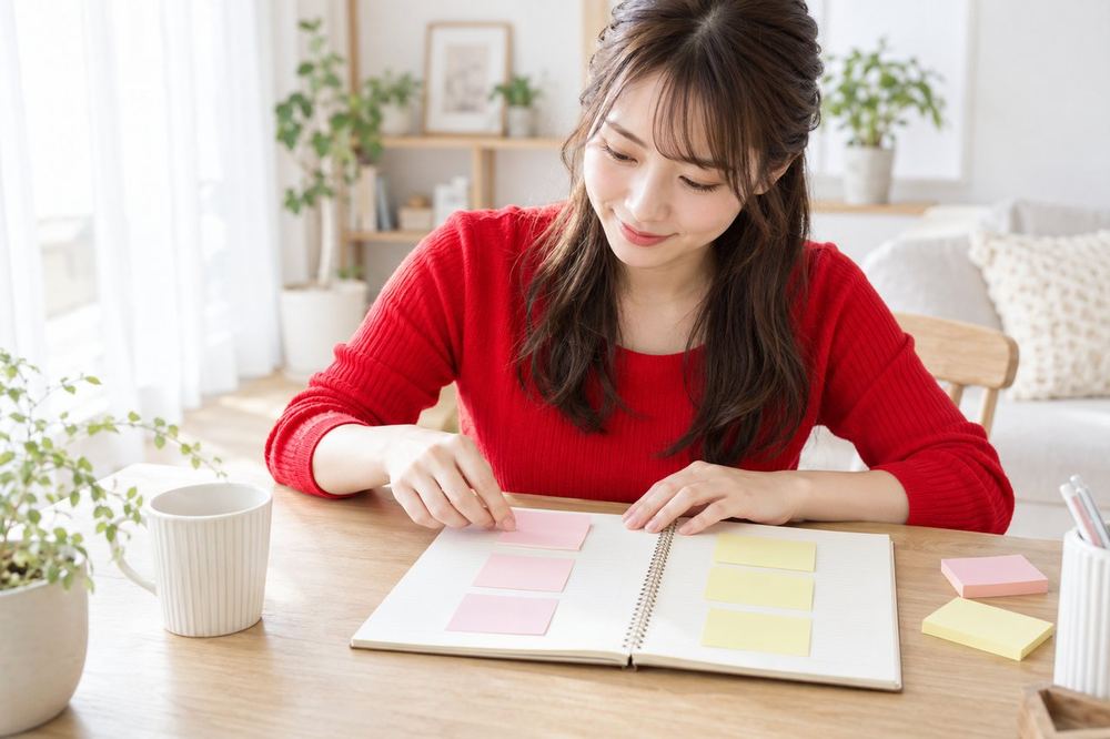 明るい部屋の机で、20代の女性が付箋を使い、LIVEごとと週ごとの目標を2列に分けてノートに貼っている