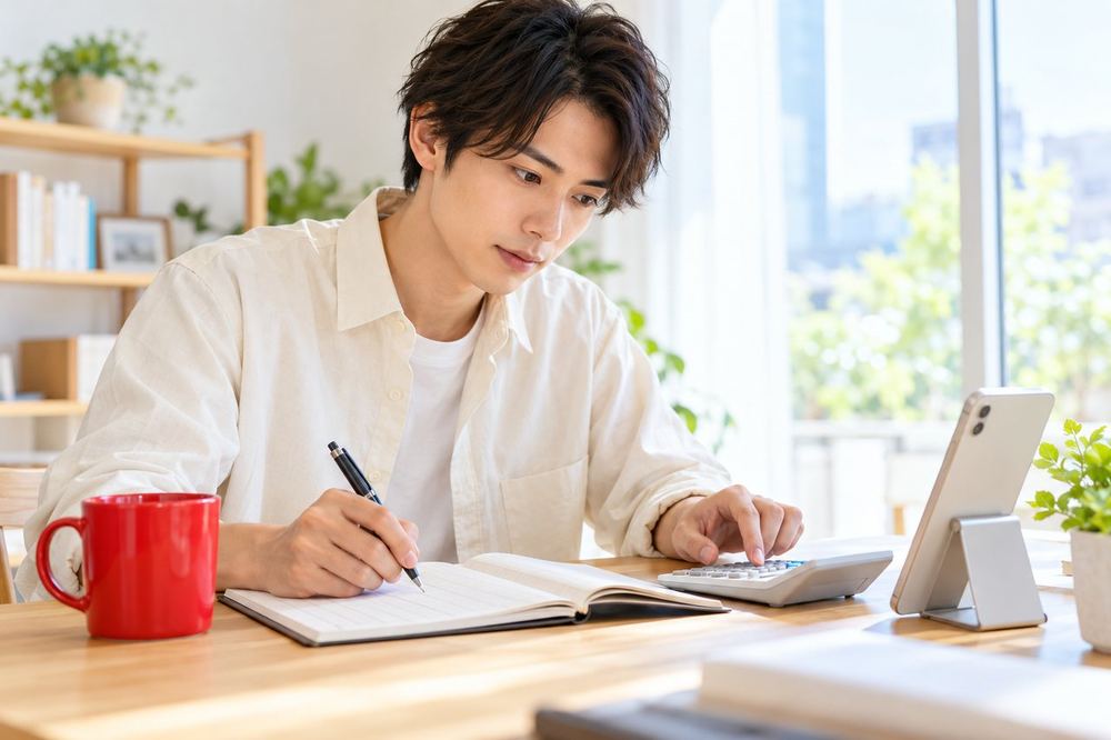 窓際のデスクで、20代の男性がスマホの数字を見ながら電卓を打ち、ノートの表に計算結果を書き込んでいる