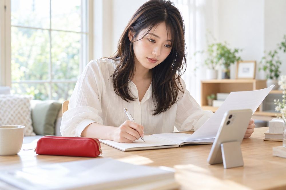 机で20代の女性が、通知の画面を見ながら、ガイドラインの文章を読み返し、気になる箇所をノートに書き写している