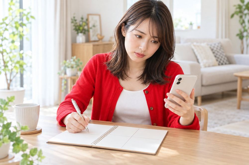 明るいリビングで、女性がスマホの残高の画面を見ながら、困っている状況を4つに分けてノートに書き出している