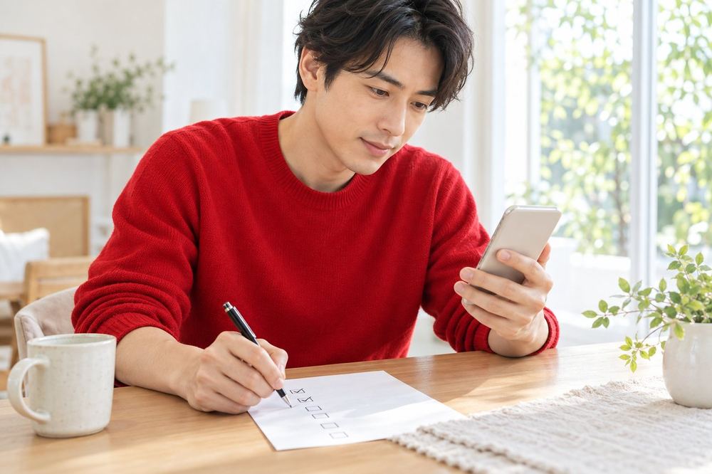 窓際のテーブルで、男性がスマホの設定画面を一つずつ開きながら、確認した項目にペンでチェックを入れている