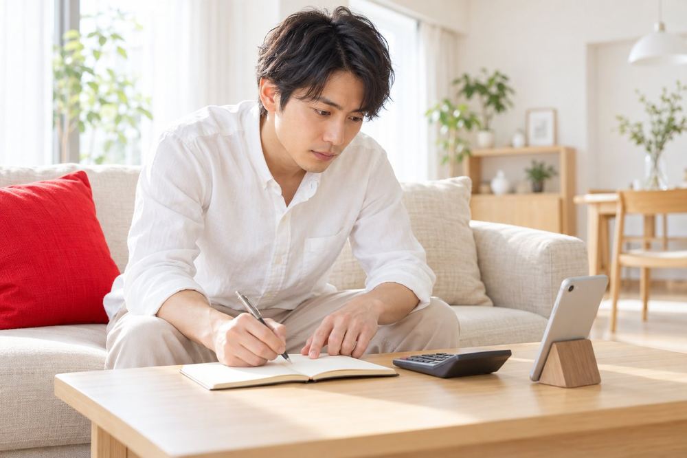 ソファに座った男性が、電卓とスマホを並べて、受け取った金額と画面の表示額の差を手帳に書いて確かめている