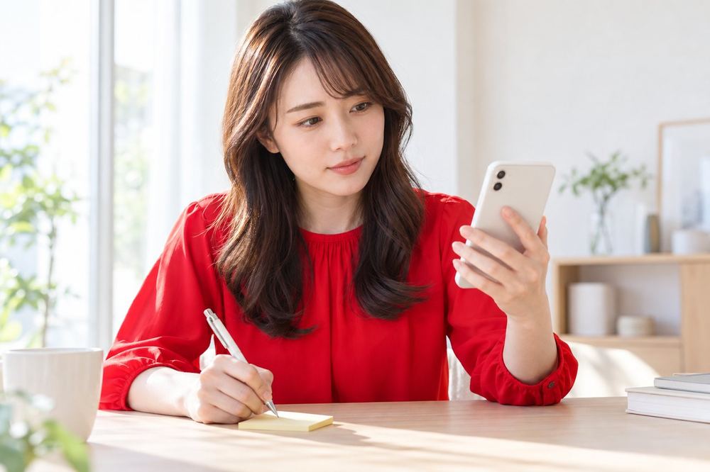机で女性が、スマホに届いた通知の文面を落ち着いて読みながら、気になる箇所を付箋に書き写している