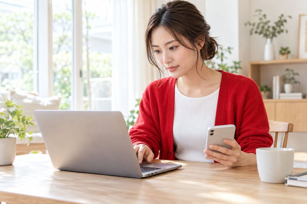 明るい部屋で、女性がノートパソコンの前に座り、スマホの画面を撮った写真と日付を表にまとめている