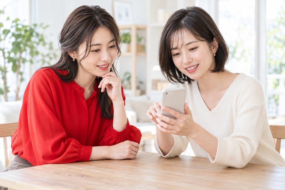 明るい部屋で、女性ふたりがテーブルを挟んで座り、スマホの画面を見ながら報酬の受け取りについて話している