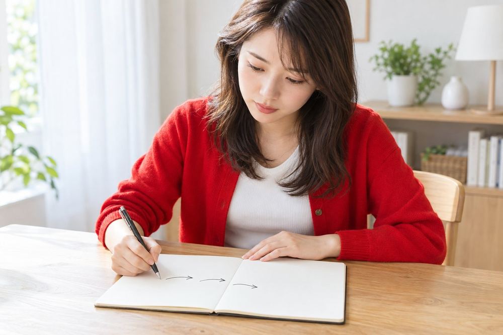 20代の女性が机でノートに三つの矢印を描き、お金の流れを整理しながら考え込んでいる