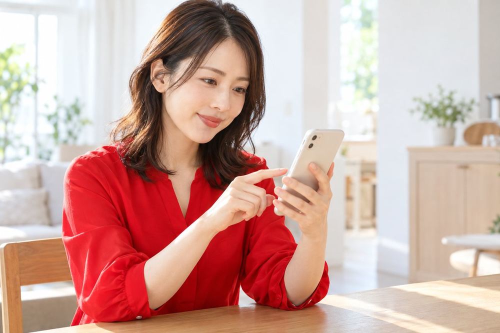 30代の女性がスマホで報酬の画面を開き、週ごとの明細の項目を指でたどりながら確かめている