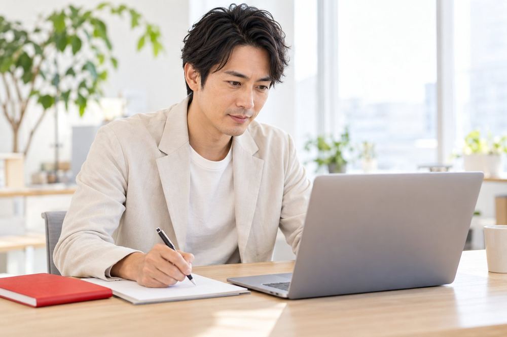 30代の男性がパソコンで管理画面のようなグラフを見ながら、資料にメモを書き込んでいる