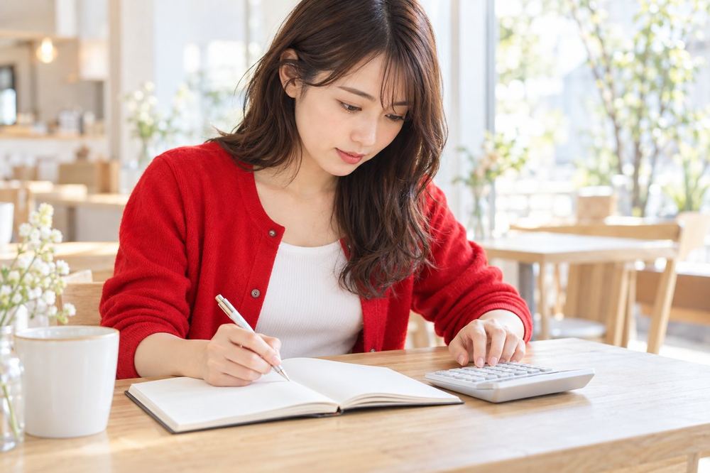 20代の女性がカフェの席で電卓とノートを広げ、報酬の分け方の数字を一つずつ確かめている