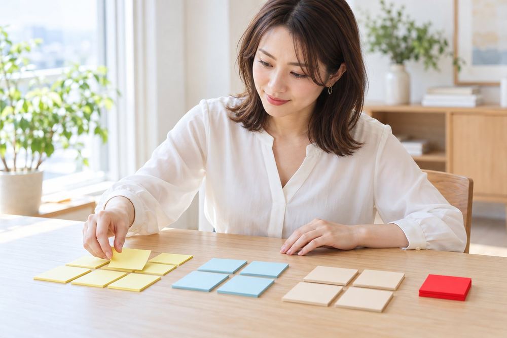 30代の女性が机で付箋を使って、お金の出どころごとにメモを色分けして並べている
