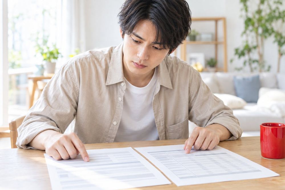 20代の男性が机で契約書と報酬の明細を並べて広げ、数字を一つずつ指でなぞりながら照らし合わせている