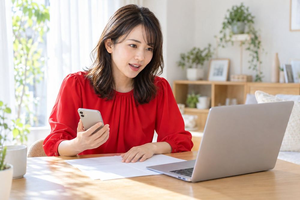 30代の女性が自宅の机で、契約書とスマホの報酬画面を見比べながら、画面越しのマネージャーに質問している