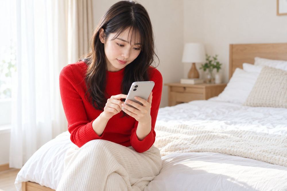20代の女性が部屋のベッドに座り、Androidのスマホでアプリの一覧を見ながら容量の残りを確かめている