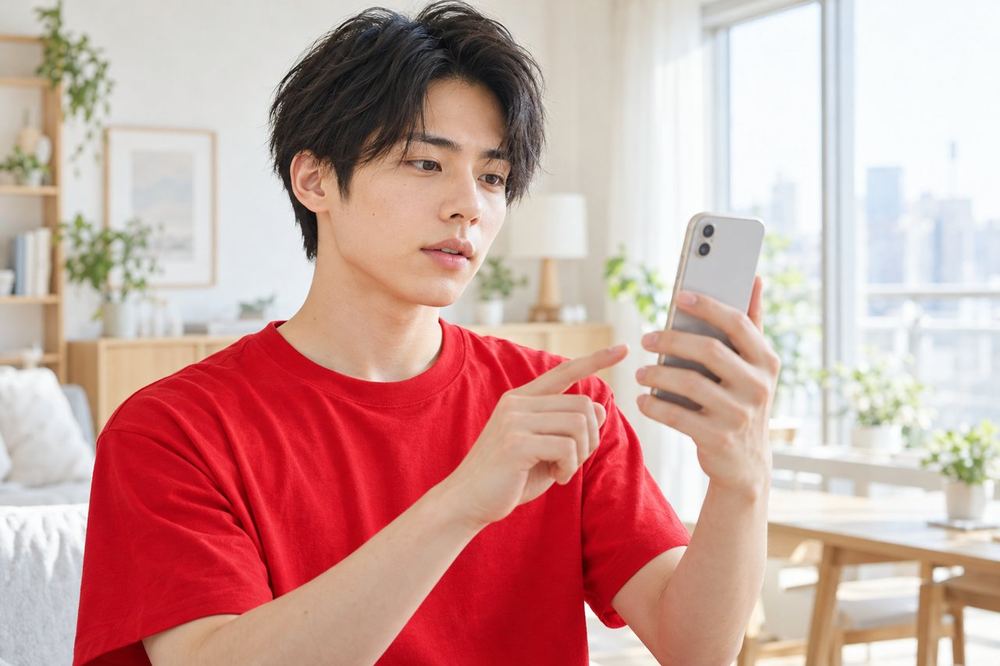 20代の男性が窓際でスマホを自分の方に向け、ライブの開始ボタンを押す直前に深呼吸している