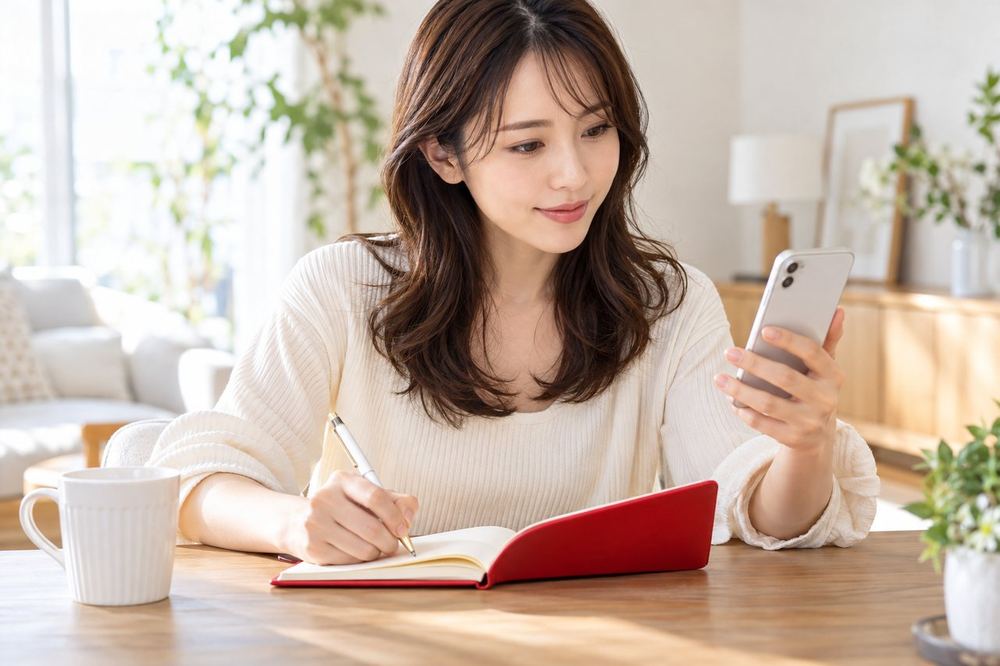 30代の女性がスマホの画面を見ながら、ポイントとライブの報酬の違いを手帳に書き分けている