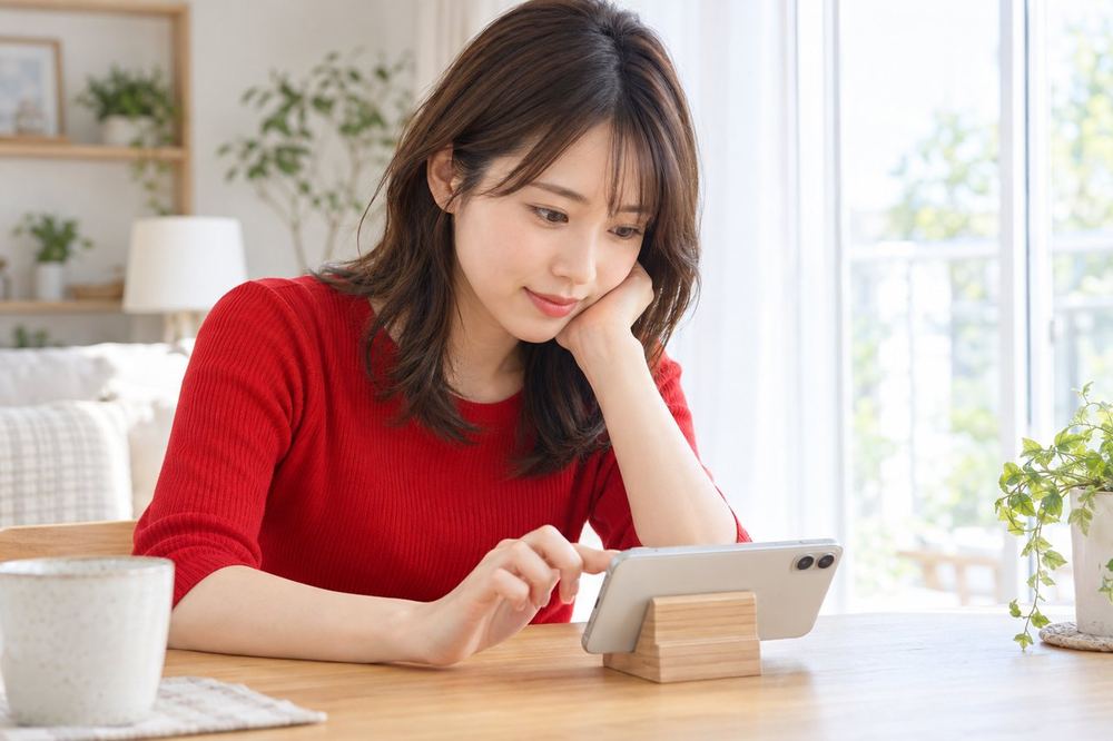 20代の女性が自宅の窓際でスマホを横に置き、Wi-Fiの電波表示と画面の明るさを確かめている