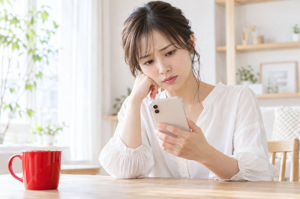 女性が部屋のデスクで、スマホの画面を見ながら不安そうに首をかしげている