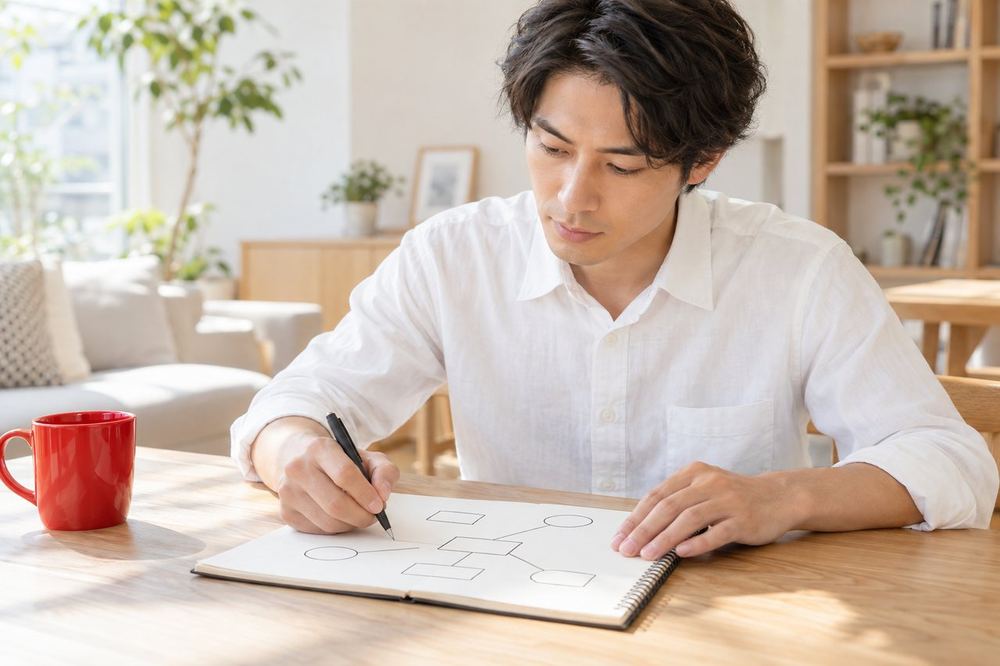 男性がテーブルの上のノートに、停止と制限の種類を線でつないで整理している