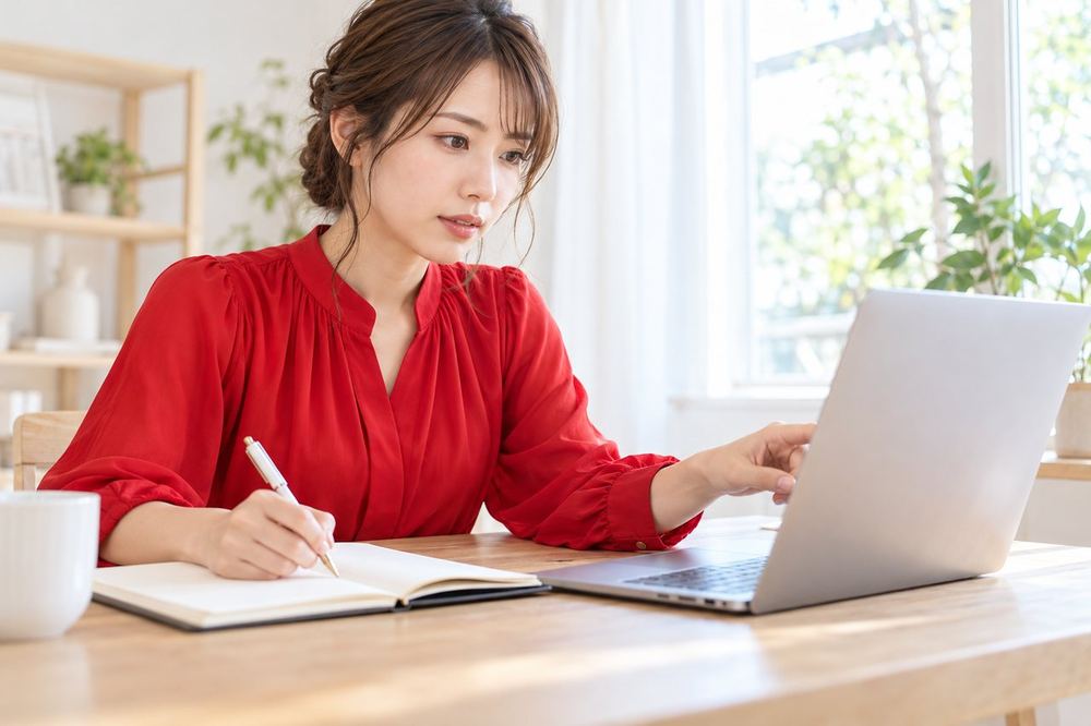 女性がパソコンのガイドライン画面を指でたどりながら、要点を手帳に書き写している