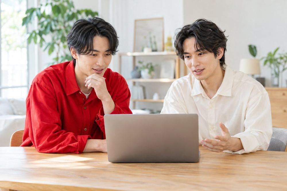 男性が机で、二人で並んで画面を見ながら配信の構成を相談している