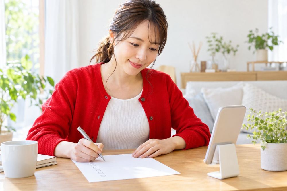 女性が配信用のスマホスタンドの前で、チェックリストを見ながら準備を進めている