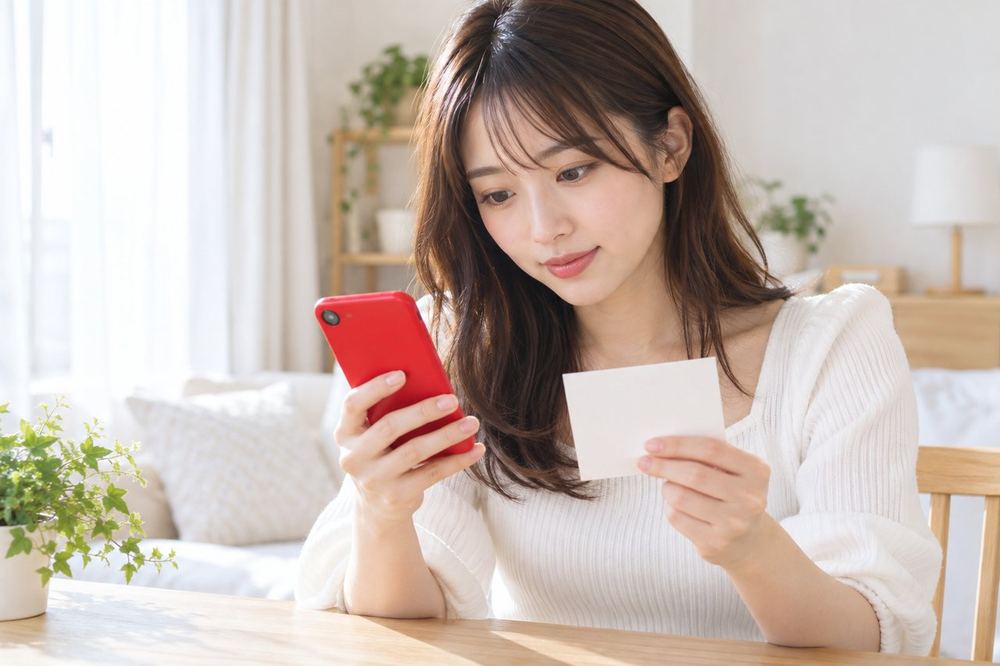 20代の女性が部屋の机に座り、スマホの画面でバトルの勝敗の決まり方が書かれたメモを見比べている