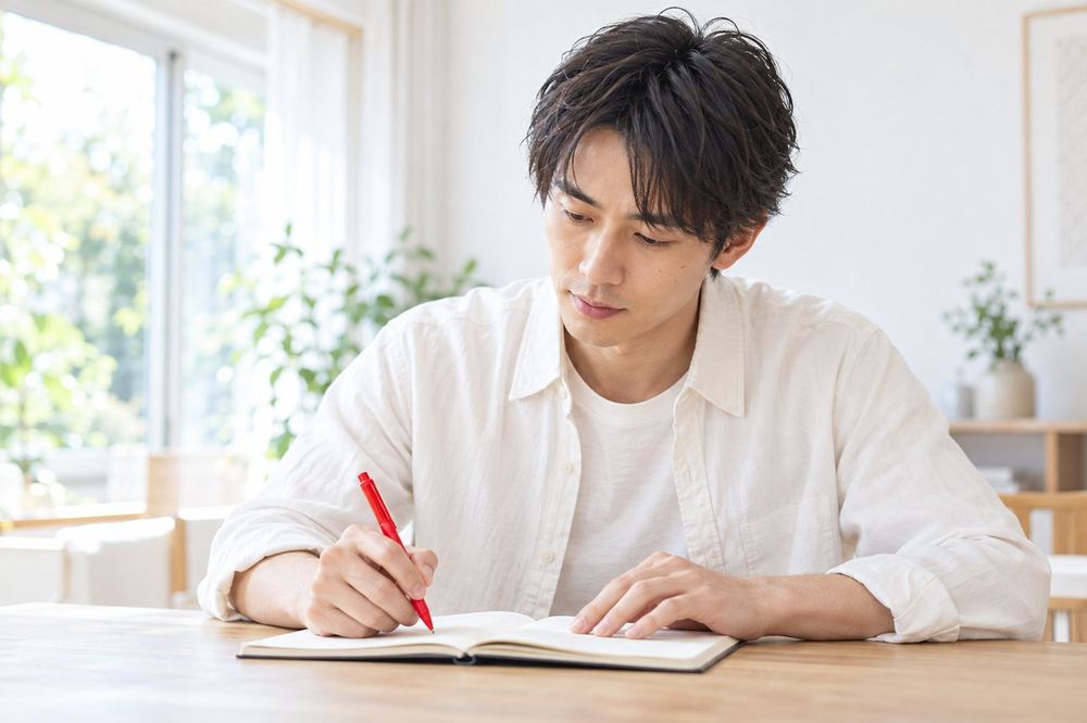 30代の男性がノートに「ポイント」「ミッション」「アイテム」と書き出して、勝敗に関わる要素を整理している