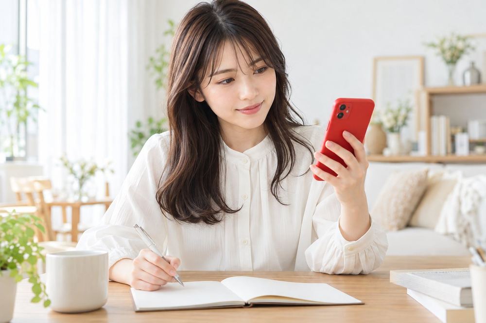 20代の女性がスマホを手に、バトルに誘う相手のプロフィールを見ながら、予定を手帳に書き込んでいる