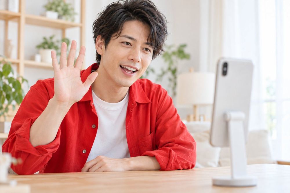 30代の男性がスマホの前で笑顔で手を振りながら、画面越しの視聴者に話しかけている