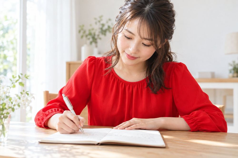 20代の女性が机の上のノートに、使ってよい言い方と避ける言い方を2列に分けて書いている