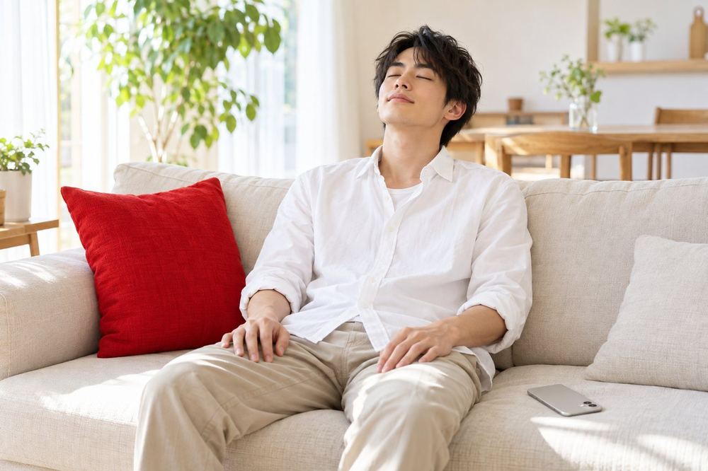 20代の男性がバトルを終えたあと、ソファでスマホを置いて、深呼吸をして落ち着いている