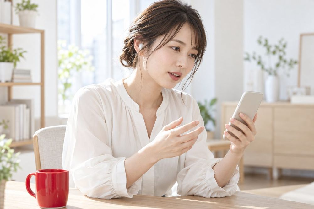 20代の女性がデスクでスマホを見ながら、落ち着いた表情で電話の相手と配信の相談をしている